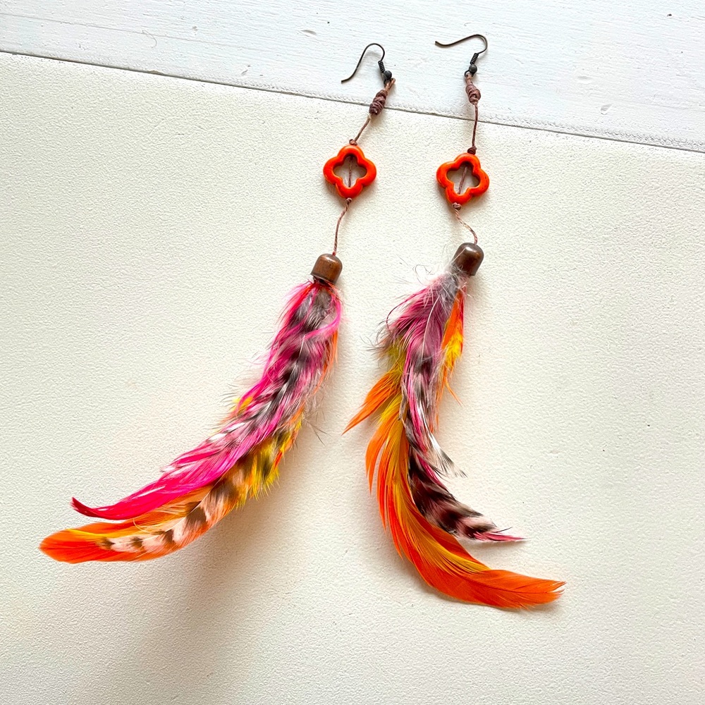 Pink, orange, striped feather earrings - handmade with orange bead
